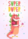 Funny cartoon monster character poster or invitation with title Super-Duper. Illustration of happy alien creature. Halloween party Royalty Free Stock Photo