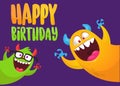 Funny cartoon monster characters set card for birthday party. Illustration of happy alien creatures. Package or invitation design Royalty Free Stock Photo