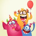 Funny cartoon monster characters set card for birthday party. Illustration of happy alien creatures. Package or invitation design Royalty Free Stock Photo