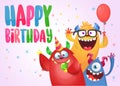 Funny cartoon monster characters set card for birthday party. Illustration of happy alien creatures. Package or invitation design Royalty Free Stock Photo