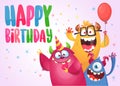 Funny cartoon monster characters set card for birthday party. Illustration of happy alien creatures. Package or invitation design Royalty Free Stock Photo