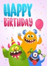 Funny cartoon monster characters set card for birthday party. Illustration of happy alien creatures. Package or invitation design Royalty Free Stock Photo