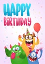 Funny cartoon monster characters set card for birthday party. Illustration of happy alien creatures. Package or invitation design Royalty Free Stock Photo