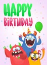 Funny cartoon monster characters set card for birthday party. Illustration of happy alien creatures. Package or invitation design Royalty Free Stock Photo