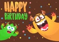 Funny cartoon monster characters set card for birthday party. Illustration of happy alien creatures. Package or invitation design Royalty Free Stock Photo