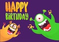 Funny cartoon monster characters set card for birthday party. Illustration of happy alien creatures. Package or invitation design Royalty Free Stock Photo