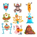 Funny cartoon monster with different emotions, colorful fabulous creature characters vector Illustration