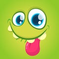 Funny vector cartoon monster face with big eyes showing tongue. Vector Halloween green monster