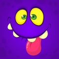 Funny cartoon monster face with big eyes showing tongue. Vector Halloween violet monster.