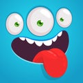 Funny cartoon monster face with three eyes showing tongue. Vector Halloween monster square avatar Royalty Free Stock Photo