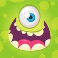 Funny cartoon monster face. Vector Halloween green cool monster avatar with wide smile. Royalty Free Stock Photo