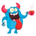 Funny cartoon monster having cup of coffee. Vector Halloween illustration
