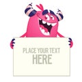 Funny cartoon monster holding empty paper sheet,  banner or sign board for text. Royalty Free Stock Photo
