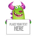 Funny cartoon monster holding empty paper sheet,  banner or sign board for text. Royalty Free Stock Photo