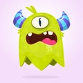 Funny cartoon monster with horns with one eye. Angry monster emotion with big mouth. Halloween vector illustration.