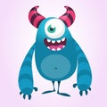 Funny cartoon monster with one eye. Vector blue monster illustration. Royalty Free Stock Photo