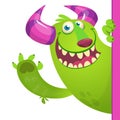 Funny cartoon monster peeping out of blank paper banner or placard Royalty Free Stock Photo