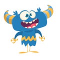 Funny cartoon monster smiling. Vector blue horned monster illustration. Royalty Free Stock Photo