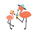 Funny cartoon mother and child flamingo eating ice cream together. Colorful cute wild bird family in hat isolated on