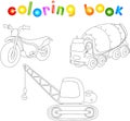 Funny cartoon motorcycle, cement mixer and crane. Coloring book