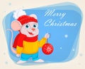 Funny cartoon mouse holds Christmas tree ball Royalty Free Stock Photo