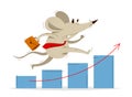 Funny cartoon mouse with tie and case like a businessman runs fast over growth chart vector illustration, hurry late concept,