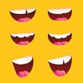 Funny Cartoon mouths set with different expressions on yellow background. Smile with teeth, tongue, surprised