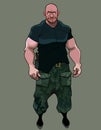 Funny cartoon muscular brutal man in military clothes