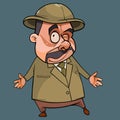 Funny cartoon mustachioed man in a hat throws up his hands in bewilderment