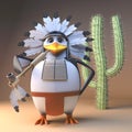 Funny cartoon native American Indian penguin chief smoking a peace pipe by a cactus, 3d illustration Royalty Free Stock Photo