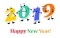 Funny cartoon numbers Characters 2019 year. Happy new year card. Royalty Free Stock Photo