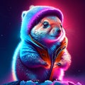 Funny cartoon otter in a winter hat with a flower in his hand. 3d render AI Generated