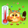 Funny cartoon owl .With ice cream on a stick.Near the street thermometer