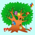 Funny cartoon owls family on big green tree