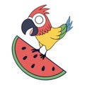 Funny cartoon parrot perched on a slice of watermelon. Royalty Free Stock Photo