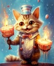 Funny cartoon party cat with cakes and sparklers isolated over blue background. Colorful joyful greeting card for birthday or