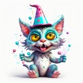 Funny cartoon party cat with confetti isolated over white background. Colorful joyful greeting card for birthday or other festive Royalty Free Stock Photo