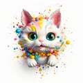 Funny cartoon party cat isolated over white background. Colorful joyful greeting card for birthday or other festive events.