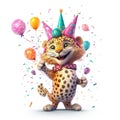 Funny cartoon party cheetah with air balloons isolated over white background. Colorful joyful greeting card for birthday or other