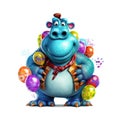 Funny cartoon party hippo with air balloons and confetti isolated over white background. Colorful joyful greeting card for