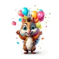 Funny cartoon party squirrel with air balloons isolated over white background. Colorful joyful greeting card for birthday or other Royalty Free Stock Photo