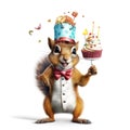 Funny cartoon party squirrel with sweet cakes isolated over white background. Colorful joyful greeting card for birthday or other Royalty Free Stock Photo