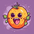 Funny cartoon passion fruit with vampire teeth isolated on purple background. Cute yellow passionfruit halloween character