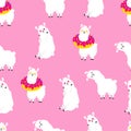 Funny cartoon pattern with cute llamas. Vector Doodle Illustration. Seamless wallpaper, background. Template for design