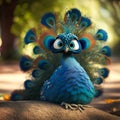Funny Cartoon Peacock Character. Peafowl in courtship ritual showing his beauty and colors
