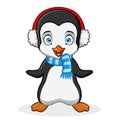 A funny cartoon penguin christmas wearing a scarf while listening to music using an ear phone.