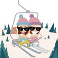 Funny cartoon people in the ski lift