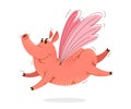 Funny cartoon pig with butterfly wings flying easy vector illustration. Royalty Free Stock Photo