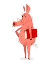 Funny cartoon pig holding a book student or professor vector illustration, smart swine education theme humorous animal character