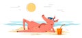 Funny cartoon pig lays on a beach of the sea in summer vacations and relaxing resting vector illustration, happy enjoying animal